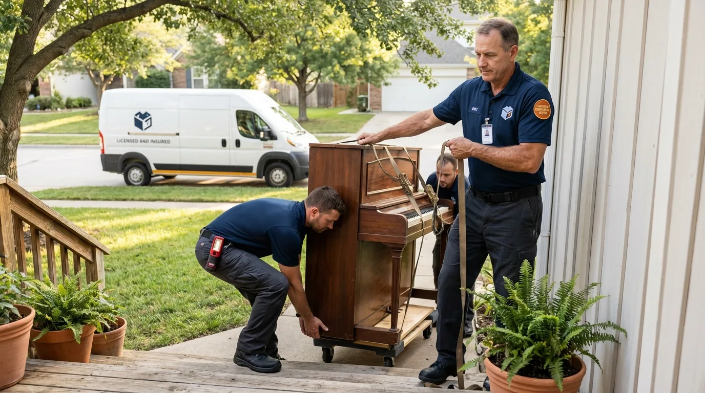 Licensed piano movers securing grand piano in Knightdale, NC