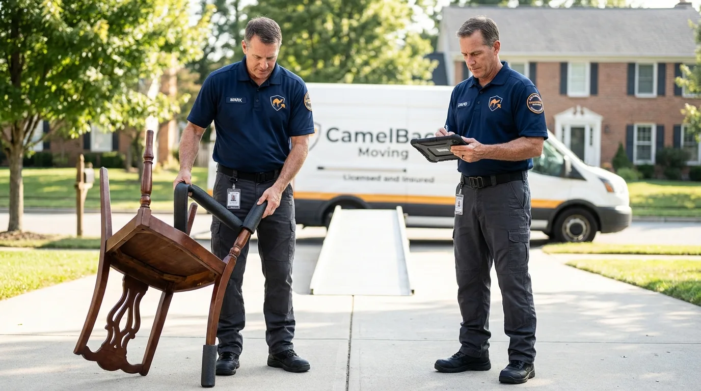 Movers inspecting furniture for damage prevention before loading in Knightdale, NC