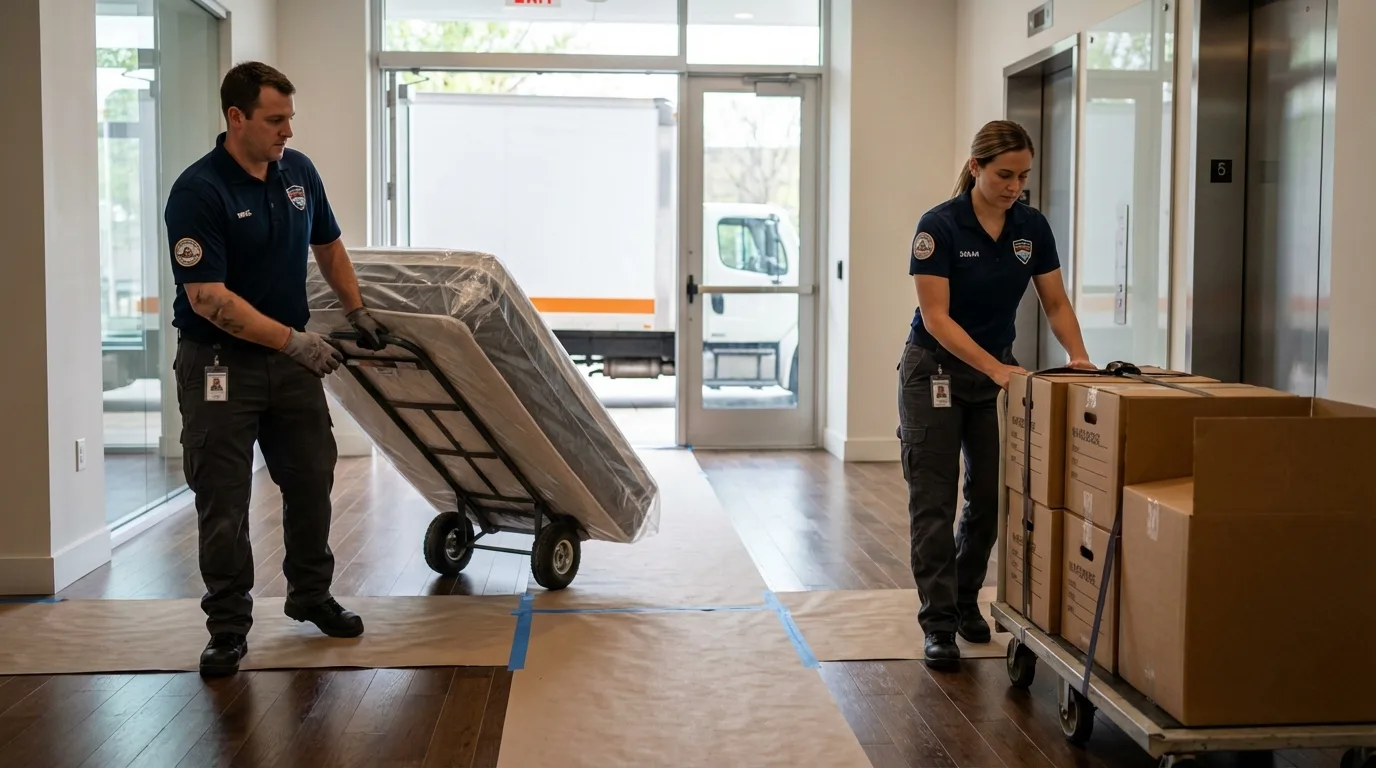 Professional apartment movers loading elevator in Knightdale, NC